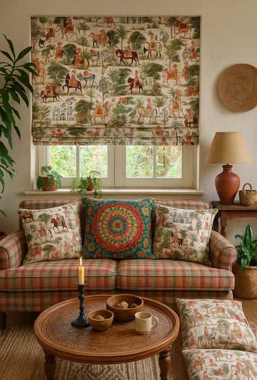 Living room with patterned roman shade, cushions, and coffee table.
